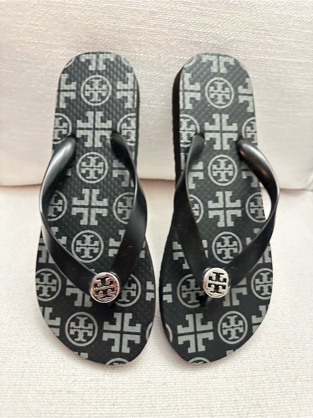 Tory Burch Black Textured Flip Flop with Gold Logo Detail